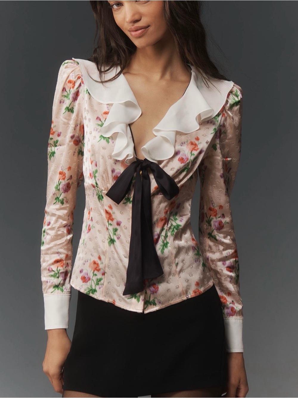 Maeve Pink Floral Ruffle Tie-Neck Blouse with Black Bow